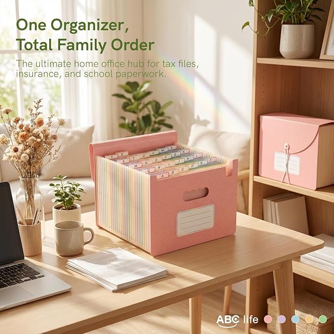 ABC life 26 Pockets Accordion File Organizer, High Capacity Expanding File Folder for Letter A4 Size, Portable Document Holder with A-Z Tabs for Tax Receipt, Teacher & Home Office - Blush Pink