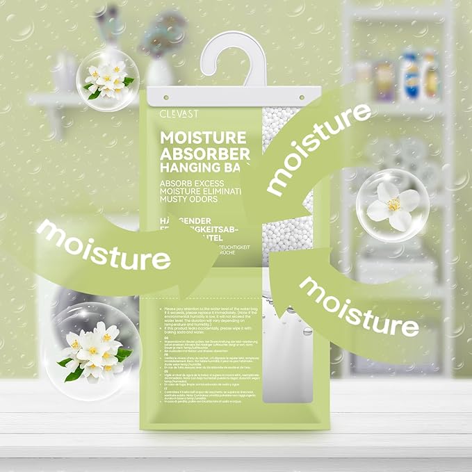 CLEVAST Moisture Absorbers Packets - 15.2 OZ, 6 Pack Large Dehumidifier Bags for Closet, Hanging Humidity Absorber in Wardrobes, Bedrooms, Bathrooms - Jasmine Scented