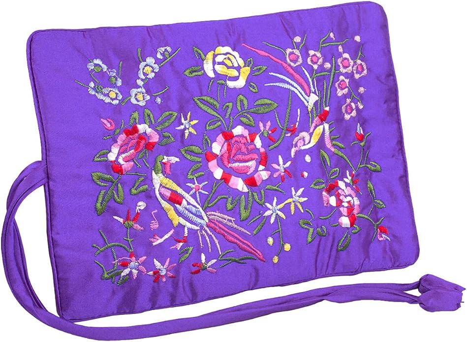 TUMBEELLUWA Embroidery Travel Jewelry Bag Roll Embroidered Flower and Bird Brocade Organizer with Tie Close