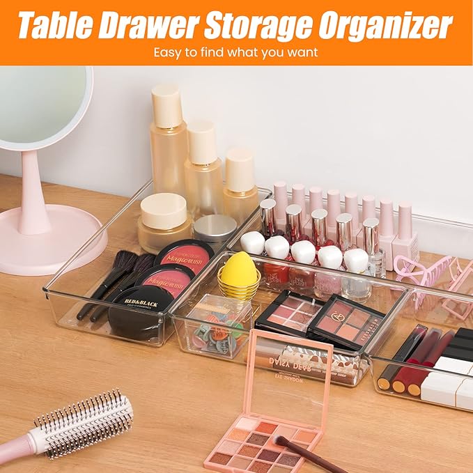 12 Pack Clear Plastic Drawer Organizer Set, Acrylic Non-Slip Non-Cracking Kitchen Drawer Storage Tray Large Size Divider, Multifunctional Storage for Cosmetics, Bathroom, Tools, Kitchen, and Office