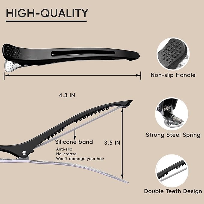 12 PCS Duckbill Hair Clips for Sectioning - 4.3” Professional Non-Slip Hair Clamps with Silicone Band, Gentle No-Mark Hold for Thick Hair, Styling & Coloring
