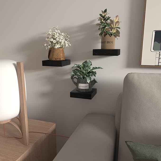 Small Floating Shelves for Wall - 4 Inch Mini Square Black Shelves for Bedroom, Living Room, Bathroom, Kitchen, Office Decor Set of 3