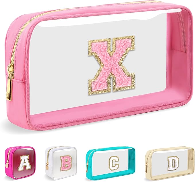Small Clear Personalized Initial Makeup Bag, Preppy A-Z Chenille Letter Patch Cosmetic Bag, Cute Transparent Nylon Waterproof Zipper Beach Varsity Letter Pouch, Gift for Women Girls(Pink-Pink X)