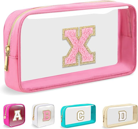 Small Clear Personalized Initial Makeup Bag, Preppy A-Z Chenille Letter Patch Cosmetic Bag, Cute Transparent Nylon Waterproof Zipper Beach Varsity Letter Pouch, Gift for Women Girls(Pink-Pink X)