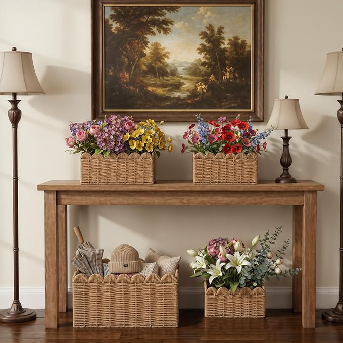 Luckybell 3 Pcs Wicker Baskets for Organizing,Scalloped Baskets, Hand-woven Wicker Storage Cubes, Paper Rope Shelf Baskets for Organizing and Decoration,Brown Basket