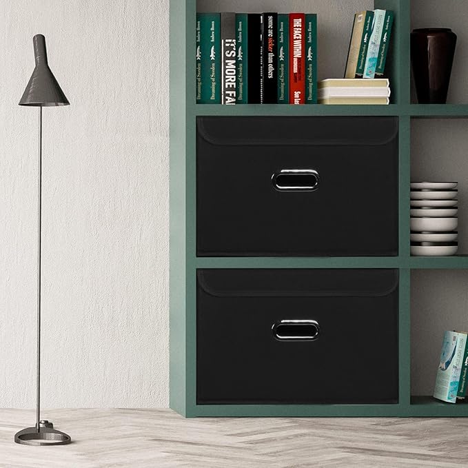 Fabric Foldable Collapsible Storage Cube Bin Organizer Basket with Lid, Handles, Removable Divider for Home, Closet (Black, 6Pcs)