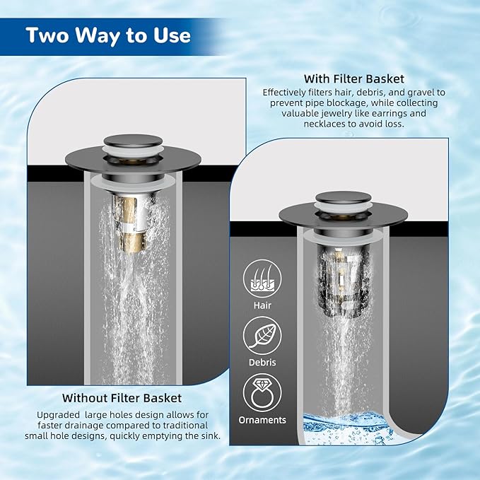Hibbent Upgraded 3 in 1 Bathroom Sink Drain Strainer, Universal Pop Up Stopper with Removable Stainless Steel Filter Basket Hair Catcher, Sink Plug for 1.1''~2.36'' Basin, Brass Bullet Core, Grey