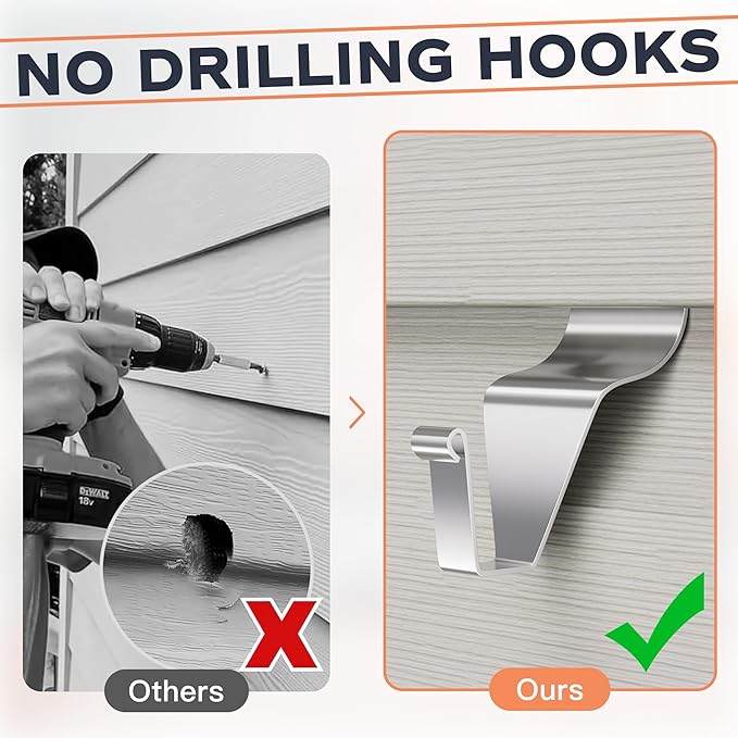 Cozcty 12 Pack Siding Hooks, Stainless Steel Siding Clips for String Lights, Hold Up to 18Lbs, No Damage Outdoor Hooks to Hang Things for Holiday Home Decorations