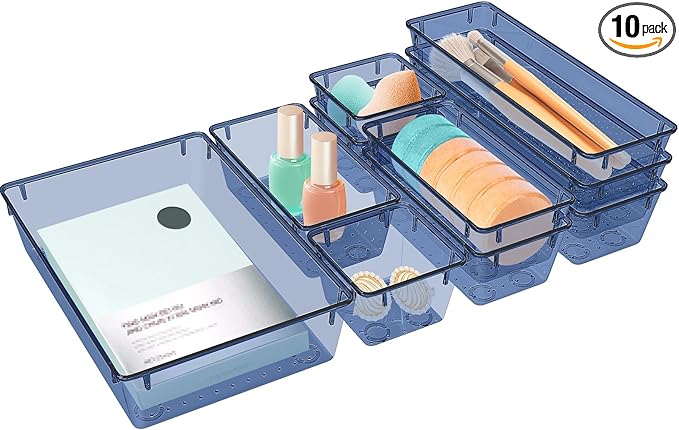 10 PCS Drawer Organizer Set, 5 Varied Size Bathroom and kitchen Drawer cabinet organizer Trays, Clear Storage Bins for Makeup, Jewelry, Utensils and Gadgets, Dark Blue