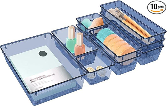 10 PCS Drawer Organizer Set, 5 Varied Size Bathroom and kitchen Drawer cabinet organizer Trays, Clear Storage Bins for Makeup, Jewelry, Utensils and Gadgets, Dark Blue