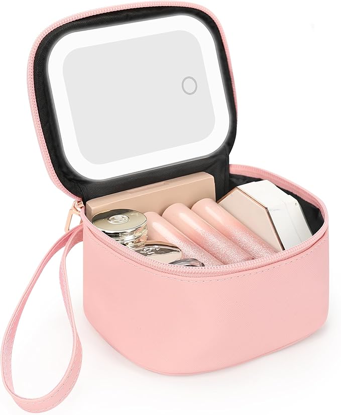 Relavel Mini Makeup Bag with Led Mirror, Small Cosmetic Bag with 3 Light Modes, Rechargeable Portable Makeup Pouch with Hands-Free Wrist Strap for Pool Parties丨Work Touch-Ups丨Travel - Pink