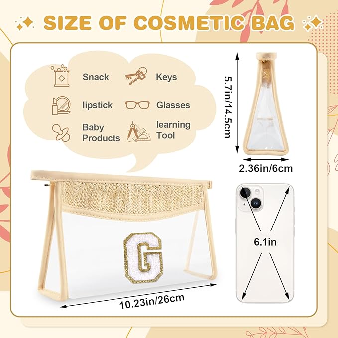 Personalized Initial Letter Bag Boho Straw Clear Makeup Bag, Small Cute Chenille Varsity Letter Bag With Zipper, Beach Travel Toiletry Bag, Portable Monogrammed Cosmetic Bag for Women Girls, G