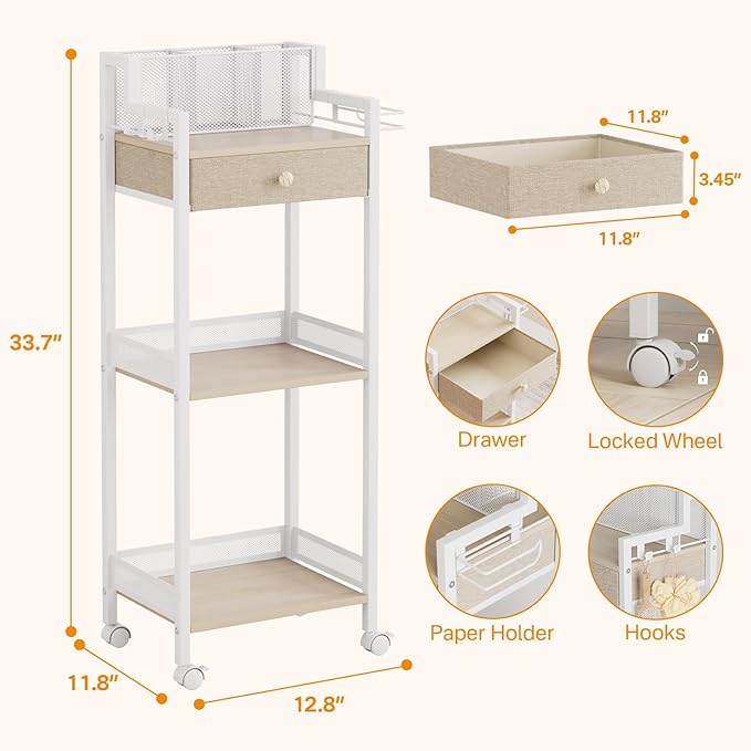3-Tier Bathroom Shelf with Drawer, 12.8in Large Floor Makeup Organizer, Cosmetics Display Case Holder for Hair Tools, Skincare, Kitchen, Bathroom, Laundry Room Organization
