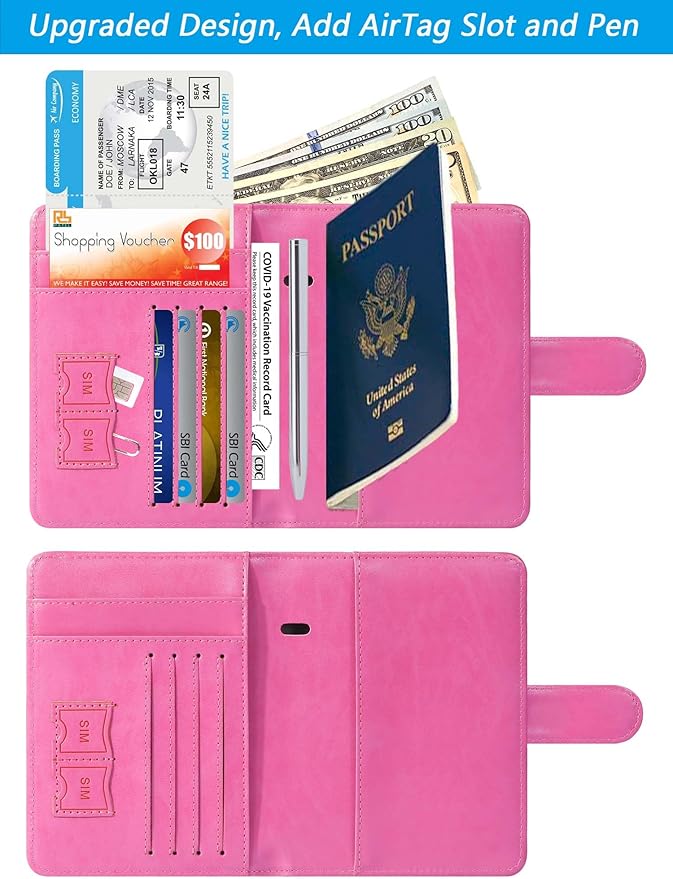 Airtag Passport Holder Cover Wallet RFID Blocking Leather Case Travel Essentials Luggage Accessories Travel Must Have(118#Pink)
