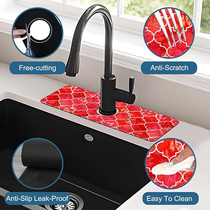 Watercolor Moroccan Marbled Kitchen Sink Splash Guard Faucet Mat Red Tiles Super Absorbent Fast Drying Mat Sink Splash Guard Behind Faucet for Kitchen Bathroom, 15.5"x5.5"