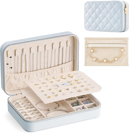 Lolalet Travel Jewelry Case for Women Girls, Travel Jewelry Organizer with Clear Storage Bag Small Portable Jewelry Box for Necklace Bracelet Earring Ring Valentines Bridesmaid Gifts -Large/Blue