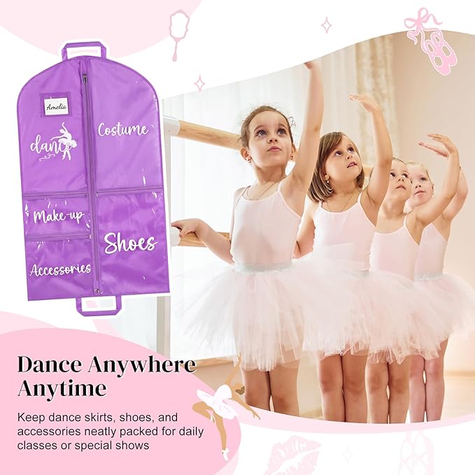 DEEKA Dance Garment Bag for Hanging Clothes with Zipper Pockets Dance Accessories Essentials Uniform Costume 40 Inch Dress Bags for Dance Competition Girls (Purple,White-Dance)