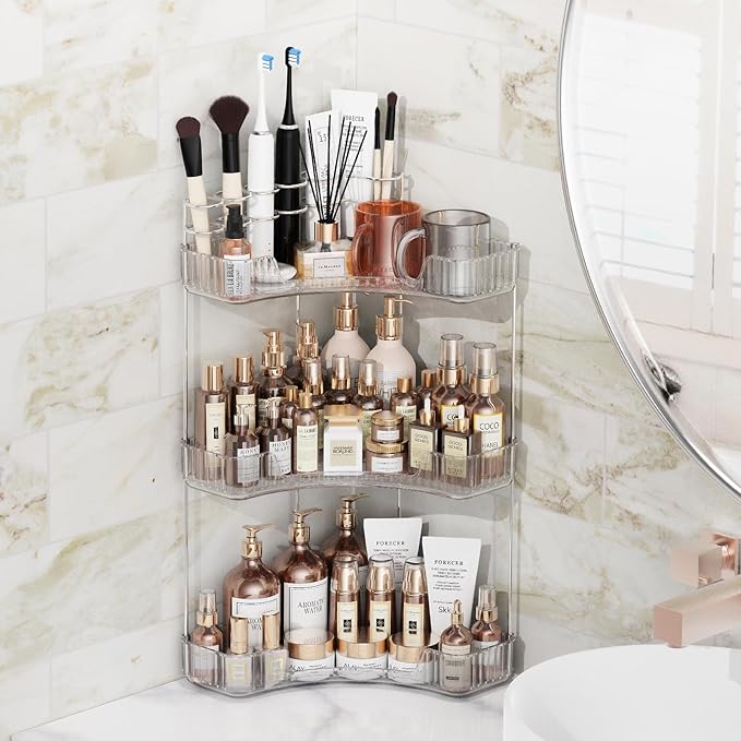 3-Tier Corner Bathroom Counter Organizer with Top Toothbrush Holders,Large Makeup Organizer Countertop with Brush Holder,Skincare Organizers Corner,Exquisite Vanity Organizer (Clear, 3 Tier)