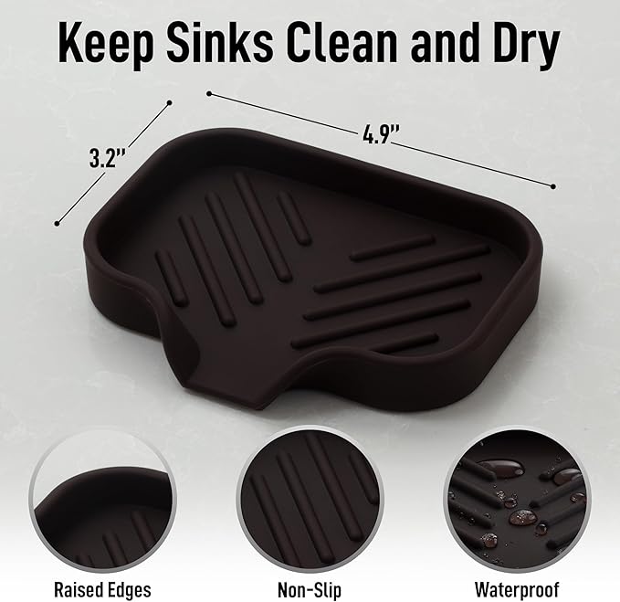 Zulay Kitchen Small Silicone Sponge Holder (4.9x3.3”) – Space-Saving Sink Organizer Tray for Sponge, Soap, Brush & More – Compact Non-Slip Dish for Kitchen & Bathroom (Chocolate)