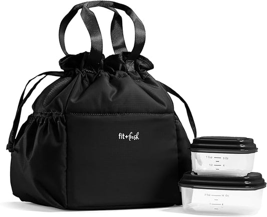 Fit & Fresh Cromwell Drawstring Lunch Bag for Women, Complete Lunch Set with 2 Containers, Stain-Resistant, Leak-Resistant, Back to School Essential, Teacher Lunchbox, Black