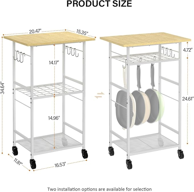 ThreeHio Rolling Kitchen Microwave Cart, 3 Tier Microwave Table Stand with Adjustable Shelf, Kitchen Storage Rack on Wheels, Coffee Station Cart Rack Shelf Organizer for Living Room Office, Balcony