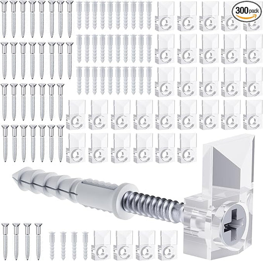 Mirror Holder Clips Kit,Crystal Clear Plastic Mirror Clip,Mirror Holder Clips Glass Retainer Clips Kit,Mirror Hanging kit with Screws and Fixed Mirror Box Door (Classic Style-100Sets)