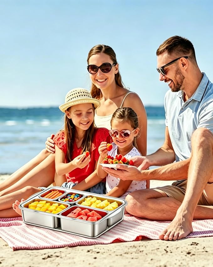 Snackle Box Container, Stainless Steel Divided Serving Tray with Lid and Handle, Large Snack Tray for Fruit Veggie Candy, 5-Compartment Snack Platter for Travel Party Beach Picnic