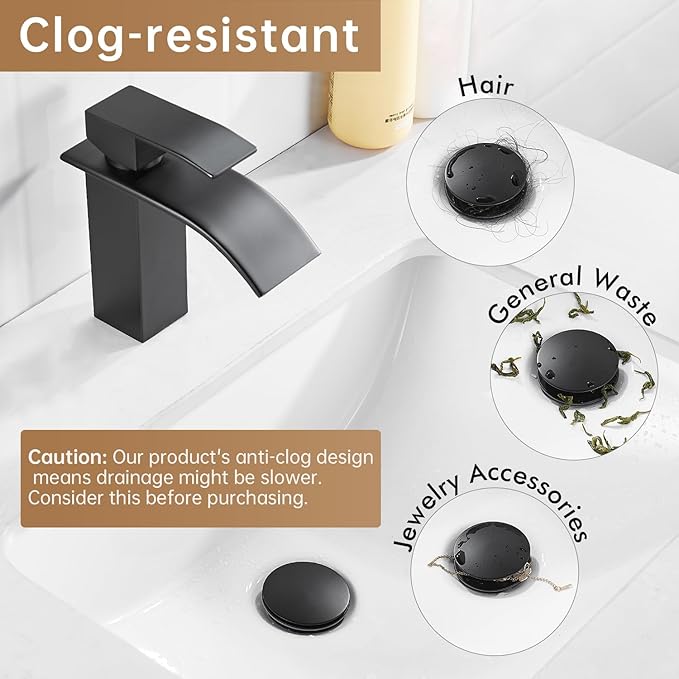 Fransiton Universal Bathroom Sink Drain Stopper, Big-Cap Pop-up Drain Fits 1.1" -1.77" Lavatory Vanity RV Sink, Anti-Clogging Drain Plug with Detachable Hair Catcher Matte Black
