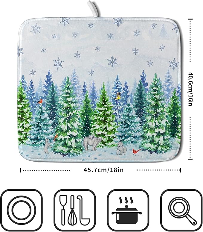Watercolor Winter Dish Drying Pad Forest Kitchen Mat for Counter for Home Season Decor