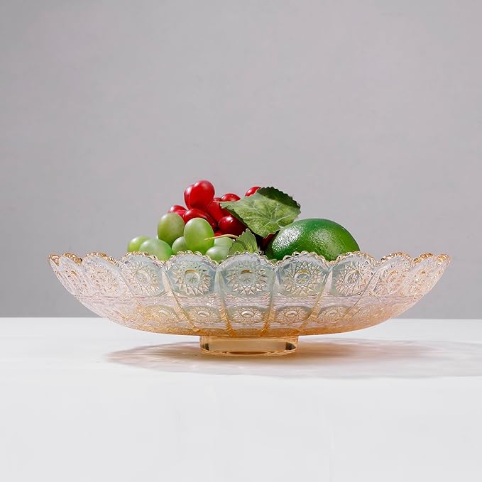 Unique Gold Flower-Shaped Crystal Glass Decorative Footed Bowl - 10.6 inch Diameter, Tabletop Fruit Plate, Dessert Plate, Cake Plate, Candy Tray, Wedding Home Decor.