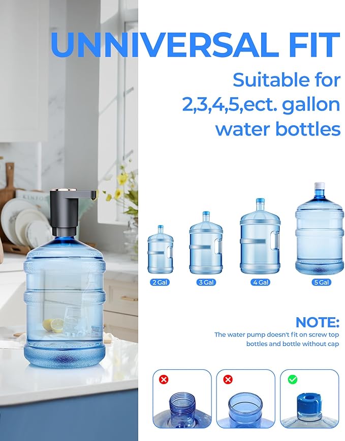 Water Bottle Pump, Portable Electric Water Dispenser Pump for 5 Gallon Bottles - USB Charging, Automatic Switch, Rechargeable Battery for Home Kitchen Room Camping, Black
