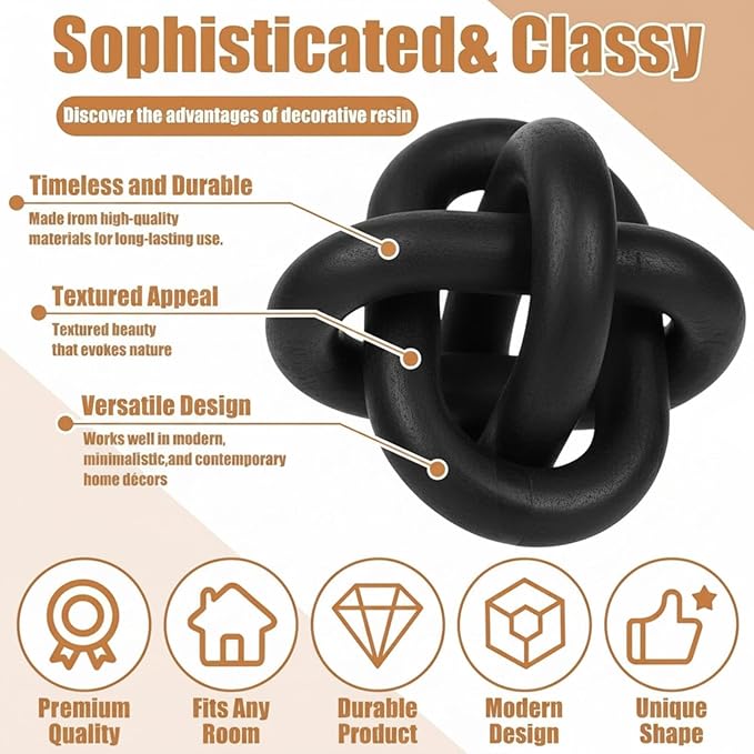 3 Link Wood Knot Decor - Hand Carved Coffee Table Decoration, Boho Chain Link Decor, Modern Shelf, Rustic Objects for Home Living Room Bedroom(Black)