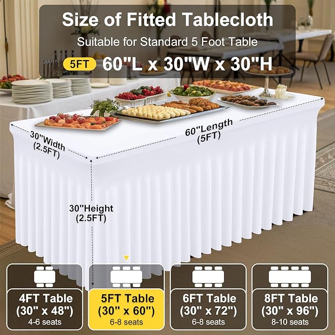 Smiry Spandex Tablecloth 2 Pack, Elastic Fitted Stretch Tablecloth for 5FT Rectangle Tables, Waterproof Washable Table Cover Skirt for Outdoor, Wedding, Banquet & Parties (White, 60Lx30Wx30H Inch)