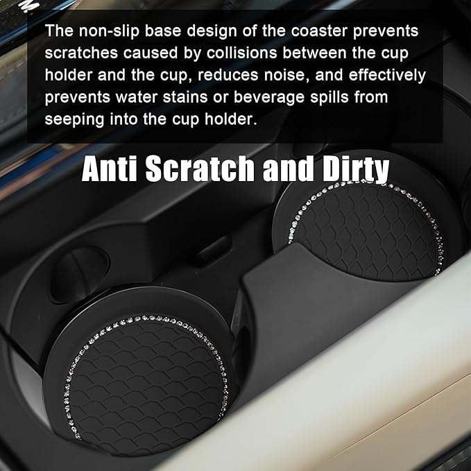 Bling Car Cup Holder Coaster, Anti-Slip Rhinestone Cup Holder Insert (4 Pack) with Push Start Button Ring (2 Pack), Shiny Diamond Car Interior Accessories, Universal for Most Vehicle (Black)