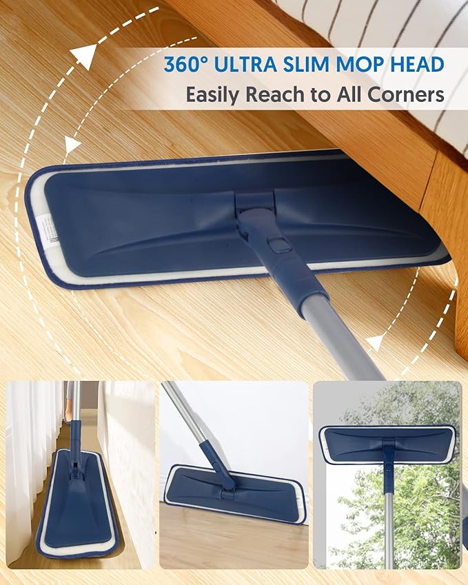 BPAWA Microfiber Mops for Floor Cleaning - Flat Floor Mop with 4 Washable Chenille Pads Dry Dust for Hardwood Laminate Wood Tile Vinyl Wall Hard Surfaces - 150cm Adjustable Long Handle