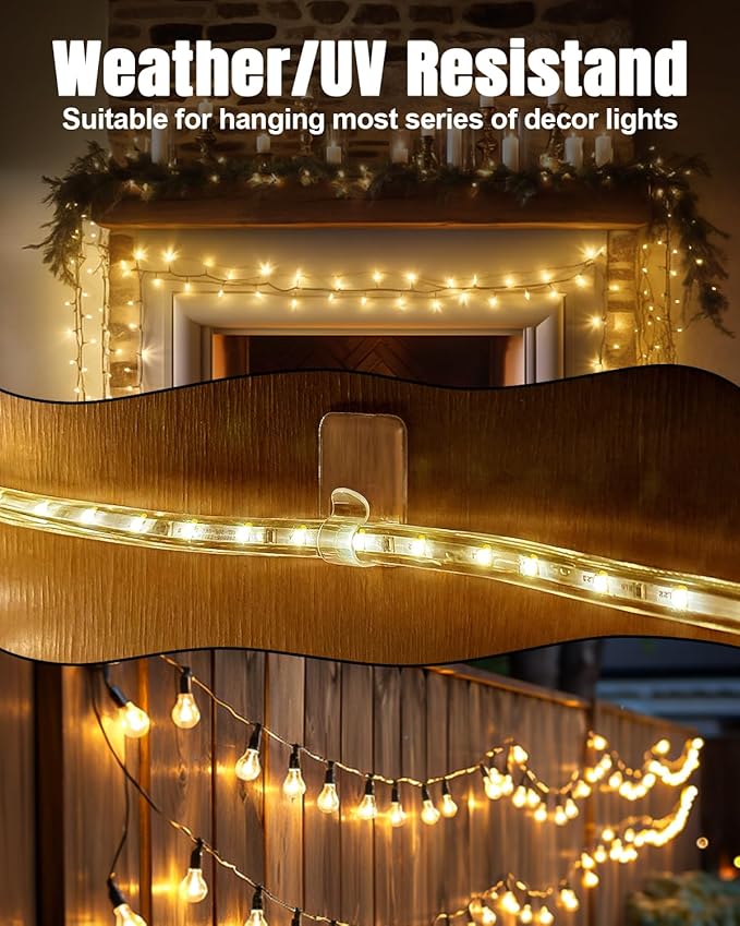 LZC Hooks for Outdoor String Lights Clips: 40 Pack Large Clear Rectangle Outdoor Light Clips Waterproof Adhesive Strips - Heavy Duty Outside Hanging Cable Rope Light Holders Organizer