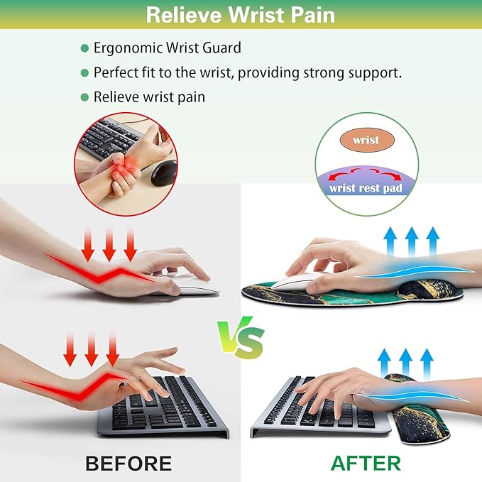 Mouse Pad Green with Wrist Rest Set, 3-in-1 Wrist Support Mousepad Set, Gaming Mat Pad with Anti-Skid Base,Ergonomic Mouse Pad,Memory Foam Gel Wrist Rest for Computer Keyboard