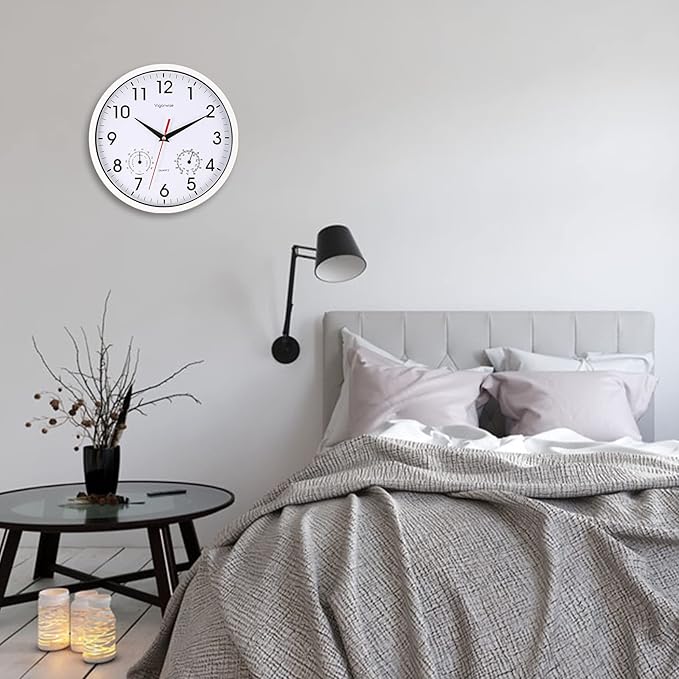 Wall Clock, Sweep Silent Movement Accurate Clocks with Temperature & Humidity, Decorative for Kitchen/Living Room/Bedroom/Office/School/Classroom (White, 10 inch)