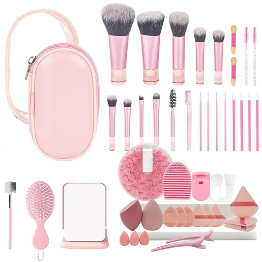 Travel Makeup Brush Set, 77Pcs Mini Makeup Kit Synthetic Foundation Concealers Eye Shadows Brushes Powder Puff with Eyelash Curler Eyebrow Razor Comb Mirror Hair Clips Cosmetic Bag (Pink)