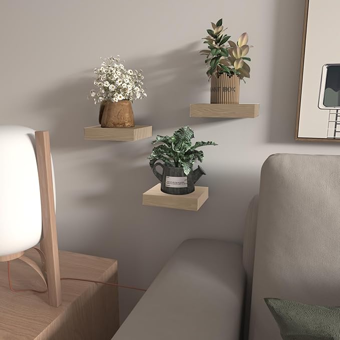 Small Floating Shelves for Wall - 6 Inch Mini Square Natural Wood Shelves for Bedroom, Living Room, Bathroom, Kitchen, Office Decor Set of 3