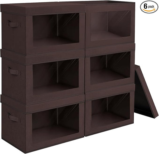 Brown Fabric Storage Bins with Lids - 6 Pack Modern Lidded-Home Storage Bins, 14 Inch. - Perfect for Clothes, Books, CD, Office Supplies