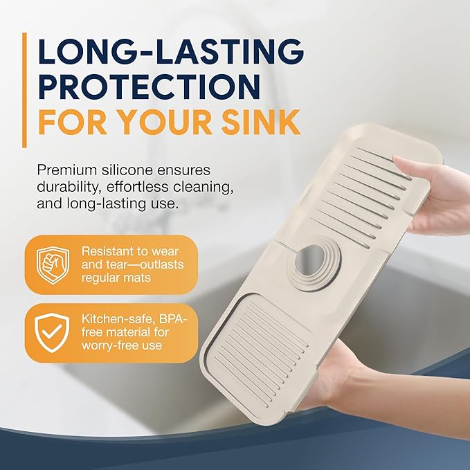 14.6” Silicone Faucet Mat For Kitchen Sink, Kitchen Sink Splash Guard Behind Faucet, Kitchen Faucet Mat For Kitchen Sink, Kitchen Sink Faucet Mat Splash Guard and Sink Water Splash Guard (Beige)