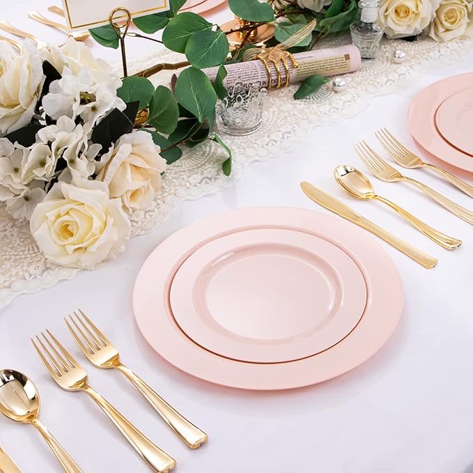 FLOWERCAT 60PCS Pink Plastic Plates - Heavy Duty Pink Plates Disposable for Easter Party&Valentine's Day/Wedding - serving 30 guests Include 30PCS 10.25inch & 30PCS 7.5inch