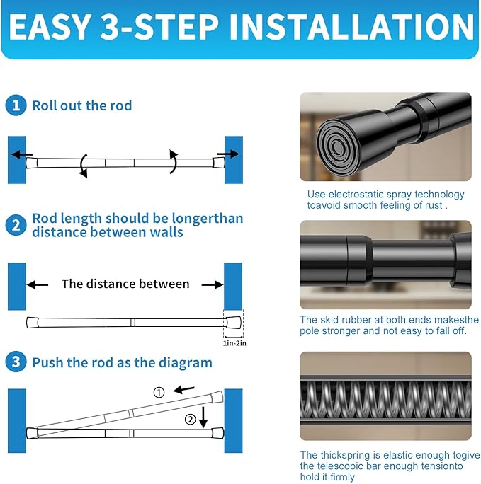 AIZESI Tension Curtain Rod for Windows 26.5 to 36 inch, Adjustable Expandable Pressure Spring Curtain Rod No Drilling, Black Curtain Rod for Bedroom Doorway Closet Door