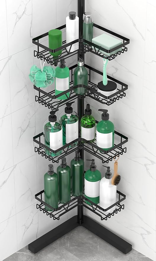 Standing Shower Caddy Corner - 4-Tier Floor Shower Caddy Corner Adjustable Bathroom Organizers and Storage with Soap Holder & Razor, Bathroom Free-Standing Organizer for Large Bottles