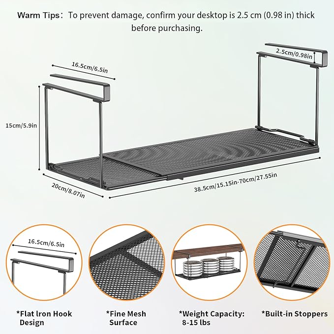 ROLIZOE 2 Pack Expandable Under Cabinet Shelf, Under Shelf Storage with 0.94 Inches Thick Clips for Kitchen Cupboard, Metal Hanging Under Desk Basket for Laundry Room, Shoe Rack