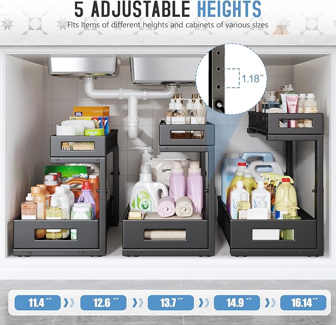 1 Pack 19-Inch Deep Under Sink Storage Organizer, Large 2-Tier Elegant Mesh Pull-Out Shelf for Kitchen and Bathroom Cabinet Organization, L-Shaped and Adjustable Height Design - Black