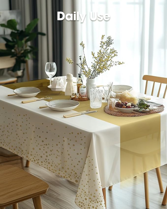 Pureegg Plastic Table Cloth Disposable 10 Pack, 54 x 108 Inch, Table Runner Style, Graduation Decorations 2026, Party Tablecloths, Rectangle, Plastic Cover, Leakproof & Sturdy, White Gold