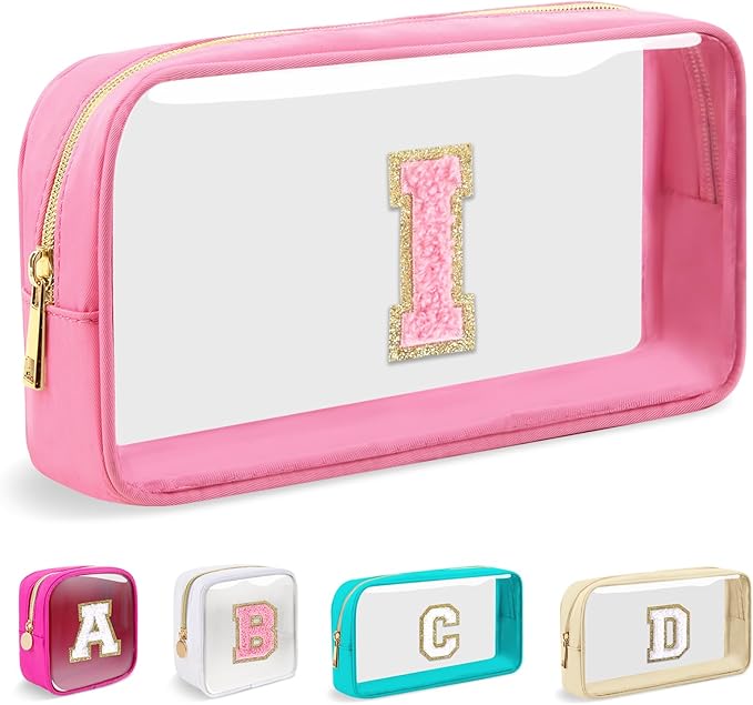 Small Clear Personalized Initial Makeup Bag,Nylon Preppy A-Z Chenille Letter Patch Cosmetic Pouch Beach Toiletry Bag,Waterproof Zipper Travel Purse Storage Bag Organizer for Women Girls(Pink-Pink I)