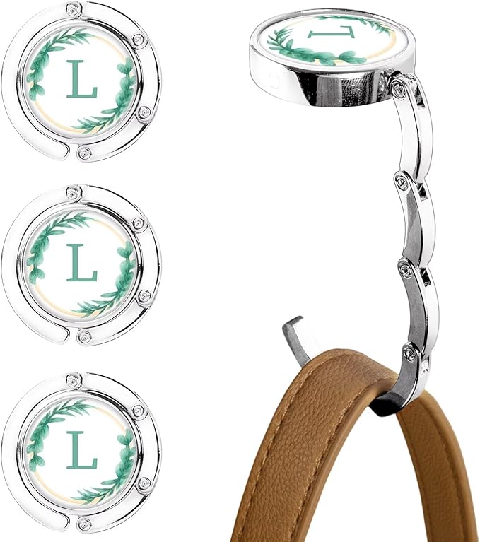 XSUIOY 3Pcs Personalized Initial Foldable Purse Hook for Table,Crushed Flower Letters Folding Purse Hanger,Purse Holder Handbag Hanger Collection Desk Table Bag Hooks Gifts for Women Bag(Green-L)